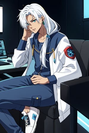 1boy,NaraShiranui,long hair,earphones,The boy has long, silver-white hair that falls over his shoulders and partially covers his face. His eyes are light blue and he has a serious yet attractive expression. His skin is fair. He wears a green earring in his left ear,long sleeves, jewelry, jacket, An anime boy with a very cool urban style. He wears a white and blue jacket, black and blue cargo pants, and sneakers. His outfit is super modern and stylish! It looks like something out of an action or cyberpunk anime,young boy,