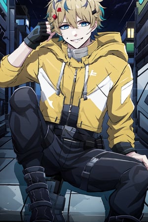 solo, looking at viewer, short hair, blue eyes, blonde hair, hair ornament,black gloves, 1boy, hair between eyes, jacket, male focus, multicolored hair, boots, pants, hood, fingerless gloves, black footwear, hoodie, black pants, zipper, yellow jacket, straight-on, yellow hoodie,outside,city,night,Zecadora,multicolored blue hair,smile,