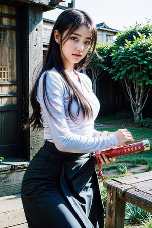 masterpiece, best quality, ultra realistic illustration, 16K, (HDR), high resolution, female_solo, slender hot body proportion, looking at viewer, big eyes, beautiful korean girl, 1 female samurai , holding sword katana+battoujutsu, (wearing highly detailed red haori+hakama skirt), full-body shot, (white long hair:1.0), (green eyes:1.0), highly detailed background of ancient Japan architecture, add More Detail,Enhance,chinatsumura,wearing acmmsayarma outfit