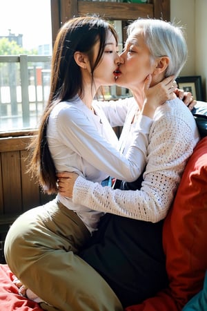 girl and old man, tongue_kiss, 1girl 18 years old, girl wear acthingyan soaked_wet_outfit, 1oldman 70 years old, old man is naked, bedroom, ,Jukujo,kiss,french kiss