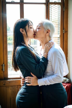 girl and old man, tongue_kiss, 1girl 18 years old, girl wear acthingyan soaked_wet_outfit, 1oldman 70 years old, old man is naked, bedroom, ,Jukujo,kiss,french kiss