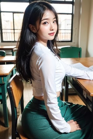 High quality, masterpiece, 32k, portrait, cinematic texture, 25 year old Japanese idol, 1 girl, delicate face, smooth skin, blue eyes, beautiful hair, brown hair, glamorous,  oily skin, shiny skin, tanned skin, skin that glows in the sun, photographed at the classroom, (wearing acmmsayarma outfit, acmmsayarma white top with buttons, long sleeves, ((acmmsayarma green long skirt))), wearing acmmsayarma outfit,stick out butt pose, backside view 