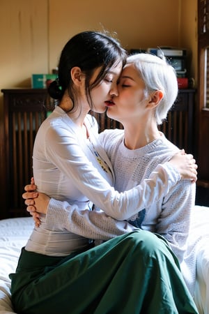 girl and old man, tongue_kiss, 1girl 18 years old, girl wear acthingyan soaked_wet_outfit, 1oldman 70 years old, old man is naked, bedroom, ,Jukujo,kiss,french kiss