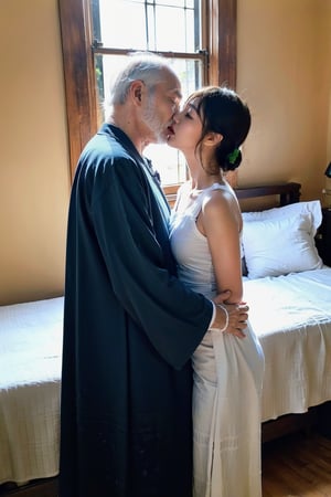 girl and old man, tongue_kiss, 1girl 18 years old, girl wear acthingyan soaked_wet_outfit, 1oldman 70 years old, old man is naked, bedroom, ,Jukujo,kiss,french kiss