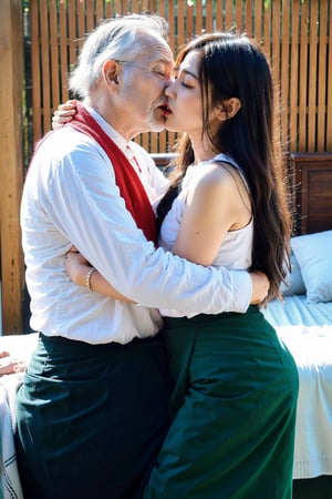 girl and old man, tongue_kiss, 1girl 18 years old, girl wear acthingyan soaked_wet_outfit, 1oldman 70 years old, old man is naked, bedroom, ,Jukujo,kiss,french kiss