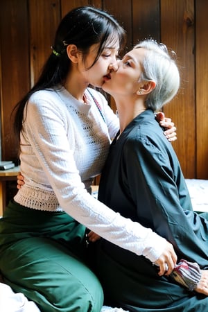 girl and old man, tongue_kiss, 1girl 18 years old, girl wear acthingyan soaked_wet_outfit, 1oldman 70 years old, old man is naked, bedroom, ,Jukujo,kiss,french kiss