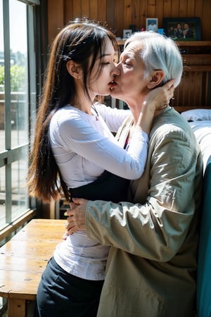 girl and old man, tongue_kiss, 1girl 18 years old, girl wear acthingyan soaked_wet_outfit, 1oldman 70 years old, old man is naked, bedroom, ,Jukujo,kiss,french kiss