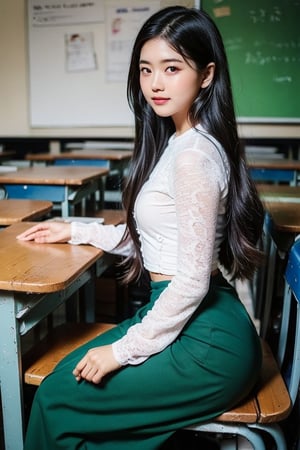 High quality, masterpiece, 32k, portrait, cinematic texture, 25 year old Japanese idol, 1 girl, delicate face, smooth skin, blue eyes, beautiful hair, brown hair, glamorous,  oily skin, shiny skin, tanned skin, skin that glows in the sun, photographed at the classroom, (wearing acmmsayarma outfit, acmmsayarma white top with buttons, long sleeves, ((acmmsayarma green long skirt))), wearing acmmsayarma outfit,stick out butt pose, backside view 