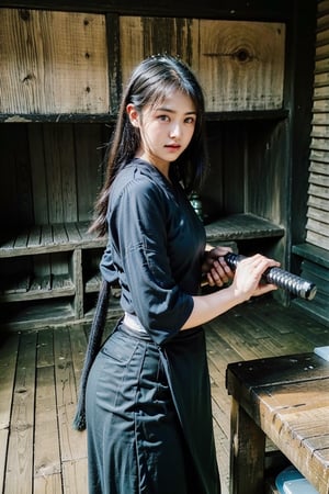 masterpiece, best quality, ultra realistic illustration, 16K, (HDR), high resolution, female_solo, slender hot body proportion, looking at viewer, big eyes, beautiful korean girl, 1 female samurai , holding sword katana+battoujutsu, (wearing highly detailed red haori+hakama skirt), full-body shot, (white long hair:1.0), (green eyes:1.0), highly detailed background of ancient Japan architecture, add More Detail,Enhance,chinatsumura,wearing acmmsayarma outfit