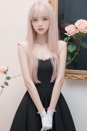 masterpiece, best quality, extremely detailed, (illustration, official art:1.1), 1 girl ,(((( light pink long hair)))), light pink hair, ,15 years old, long hair ((blush)) , beautiful face, big eyes, masterpiece, best quality,(((((a very delicate and beautiful girl))))),Amazing,beautiful detailed eyes,blunt bangs((((little delicate girl)))),tareme(true beautiful:1.2), ,masterpiece, best quality,1girl, solo, flower, long hair, rose, red hair, red flower, heart, grey eyes, thorns, red rose, vines, dress, looking at viewer, parted lips, bangs, black flower, black dress, gloves, holding, plant, very long hair, skeleton, ring, white background, black rose, picture frame, card, frills, black gloves, white eyes, blurry