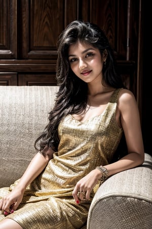 (masterpiece), 1girl, long hair, blond hair, (smile:0.5), dress,INDIAN realistic, beautiful girl wearing an indan dress ,cute girl , sitting on a sofa