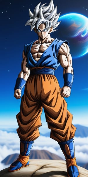 Dragonball Goku, ultra instinct form, 1 person, full body, background planet