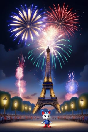 fanciful and playful atmosphere ,firework,Paris Olympic Games mascots come on the 2024 Paris Olympics game, Paris Olympics game 