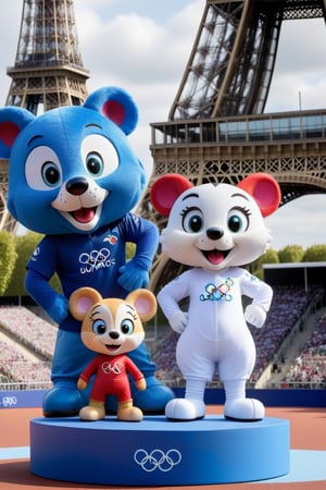 fanciful and playful atmosphere ,standing on ranking podium, Paris Olympic Games mascots come on the 2024 Paris Olympics game, Paris Olympics game,olympic venues, 