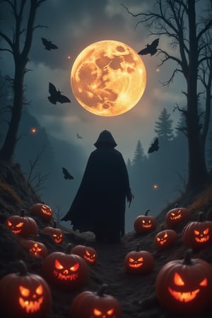 full moon, Vampire,fanges,open mouse, hills, Howden pumpkins,Halloween scene,EvilVampire