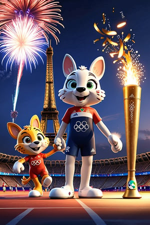 fanciful and playful atmosphere ,Fireworks ,Paris Olympic Games mascots come on the 2024 Paris Olympics game,mysterious,Paris Olympics game, the Olympic torch,