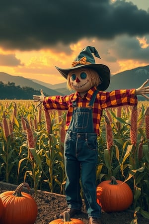 (scarecrow:1.5),field of corn,  hills, Halloween scene,pastel,  dramatic lighting, 