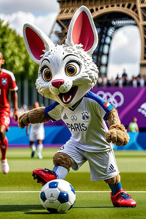 Fantastic and playful atmosphere, competition, mysterious,Paris Olympic mascot plays soccer  at Paris 2024 Olympic Games, Paris Olympic Games,