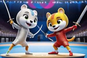 fanciful and playful atmosphere , fencing, competition, standing on ranking podium, Paris Olympic Games mascots sword fight at the Paris 2024 Olympic Games,, Paris Olympics game,