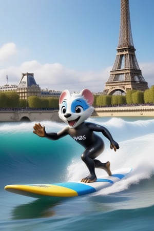 Fantastic and playful atmosphere, competition, Paris Olympic mascot plays surfing  at Paris 2024 Olympic Games, Paris Olympic Games,