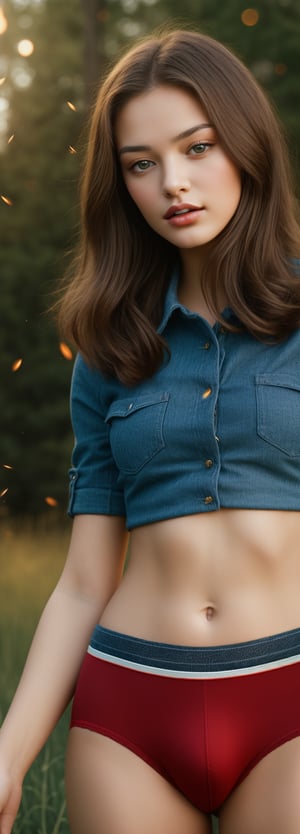 fashion portrait photo of beautiful young woman from the 60s wearing a red wool underwear standing in the middle of a open space meadow, taken on a hasselblad medium format camera, ((closeup top shot)), ((fireflies)),
