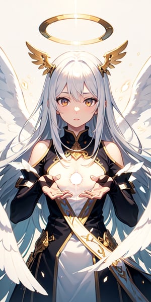 ****, illustration,heaven background, 1girl, white hair, golden eyes, long hair, halo, angel wings, serene expression, looking at viewer