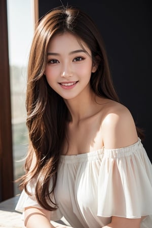 masterpiece, best quality, photorealistic, raw photo, 1girl, long hair, blouse, light smile, detailed skin, pore, off_shoulder, low key, black_background