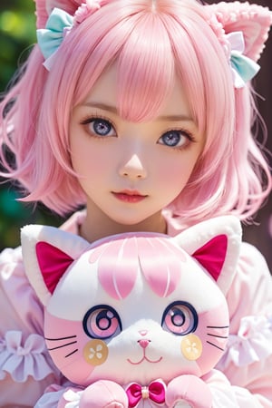 Adorable kawaii anime girl with pink hair, big sparkly eyes, holding a plush toy, pastel colors, soft lighting, by Sakimichan and Nekopara team, digital painting style