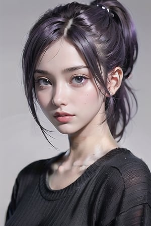 (Quality(Photo realistic, Hyper realistic, super detail)) (Face Features(Natural beauty, No make up, purple hair, black eyes color, slim pretty face, no wrinkle, ponytail hairstyle))(Expression( cold)) 
,1 girl , sweater