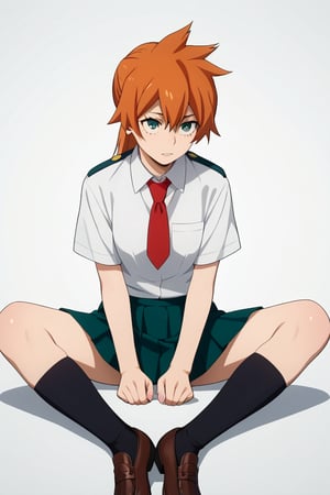 score_9, score_8_up, score_7_up, score_6_up, score_5_up, score_4_up, BREAK, , 1girl, Kendo, orange hair, green eyes, u.a. school uniform, white shirt, red necktie, kneehighs, brown footwear, sitting, legs spread,

,(( white background, blank background))