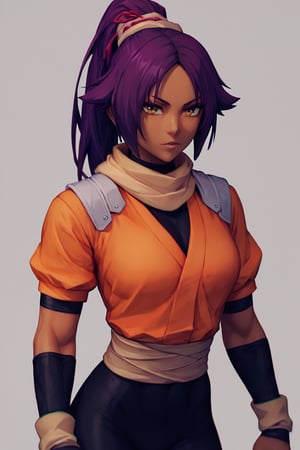 score_9,score_8_up,score_7_up,score_6_up,score_5_up,score_4_up, 

ShihouinYoruichi, dark-skinned female

Default Outfit (orange one):

YoruichiDefault, dark-skinned female, dark-skinned female, long hair, high ponytail, hair tie, scarf, orange shirt, arm warmers, sash, black bodysuit