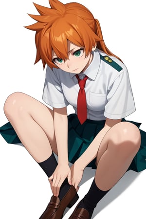 score_9, score_8_up, score_7_up, score_6_up, score_5_up, score_4_up, BREAK, , 1girl, Kendo, orange hair, green eyes, u.a. school uniform, white shirt, red necktie, kneehighs, brown footwear, sitting, legs spread,

,(( white background, blank background))