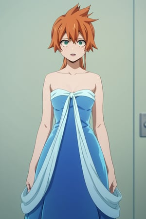 score_9, score_8_up, score_7_up, score_6_up, score_5_up, score_4_up, BREAK, , 1girl, Kendo, orange hair, green eyes, pageant dress, blue dress, strapless, standing, 