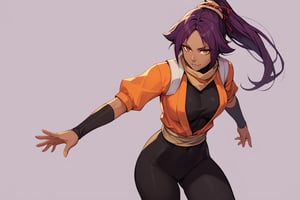 score_9,score_8_up,score_7_up,score_6_up,score_5_up,score_4_up, 

ShihouinYoruichi, dark-skinned female

Default Outfit (orange one):

YoruichiDefault, dark-skinned female, dark-skinned female, long hair, high ponytail, hair tie, scarf, orange shirt, arm warmers, sash, black bodysuit