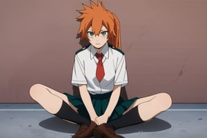 score_9, score_8_up, score_7_up, score_6_up, score_5_up, score_4_up, BREAK, , 1girl, Kendo, orange hair, green eyes, u.a. school uniform, white shirt, red necktie, kneehighs, brown footwear, sitting, legs spread