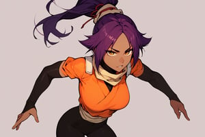 score_9,score_8_up,score_7_up,score_6_up,score_5_up,score_4_up, 

ShihouinYoruichi, dark-skinned female

Default Outfit (orange one):

YoruichiDefault, dark-skinned female, dark-skinned female, long hair, high ponytail, hair tie, scarf, orange shirt, arm warmers, sash, black bodysuit