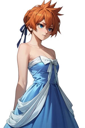 score_9, score_8_up, score_7_up, score_6_up, score_5_up, score_4_up, BREAK, , 1girl, Kendo, orange hair, green eyes, pageant dress, blue dress, strapless, 

,(( white background, blank background))