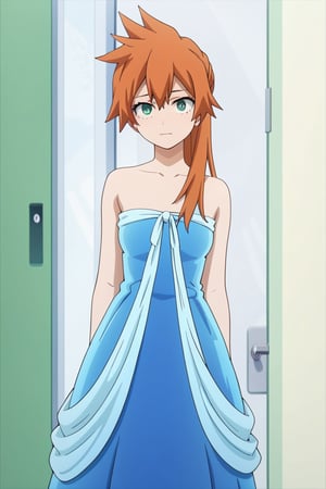 score_9, score_8_up, score_7_up, score_6_up, score_5_up, score_4_up, BREAK, , 1girl, Kendo, orange hair, green eyes, pageant dress, blue dress, strapless, standing, 