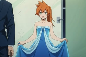 score_9, score_8_up, score_7_up, score_6_up, score_5_up, score_4_up, BREAK, , 1girl, Kendo, orange hair, green eyes, pageant dress, blue dress, strapless, standing, 