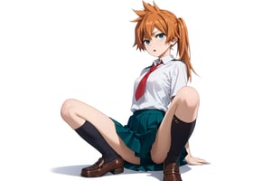 score_9, score_8_up, score_7_up, score_6_up, score_5_up, score_4_up, BREAK, , 1girl, Kendo, orange hair, green eyes, u.a. school uniform, white shirt, red necktie, kneehighs, brown footwear, sitting, legs spread,

,(( white background, blank background))