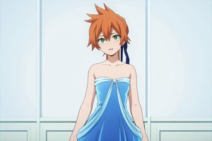 score_9, score_8_up, score_7_up, score_6_up, score_5_up, score_4_up, BREAK, , 1girl, Kendo, orange hair, green eyes, pageant dress, blue dress, strapless, standing, 