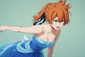 score_9, score_8_up, score_7_up, score_6_up, score_5_up, score_4_up, BREAK, , 1girl, Kendo, orange hair, green eyes, pageant dress, blue dress, strapless, standing, 