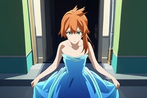 score_9, score_8_up, score_7_up, score_6_up, score_5_up, score_4_up, BREAK, , 1girl, Kendo, orange hair, green eyes, pageant dress, blue dress, strapless, standing, 