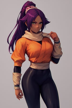 score_9,score_8_up,score_7_up,score_6_up,score_5_up,score_4_up, 

ShihouinYoruichi, dark-skinned female

Default Outfit (orange one):

YoruichiDefault, dark-skinned female, dark-skinned female, long hair, high ponytail, hair tie, scarf, orange shirt, arm warmers, sash, black bodysuit