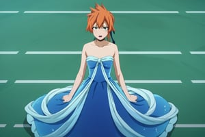 score_9, score_8_up, score_7_up, score_6_up, score_5_up, score_4_up, BREAK, , 1girl, Kendo, orange hair, green eyes, pageant dress, blue dress, strapless, standing, 