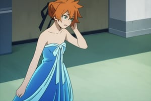 score_9, score_8_up, score_7_up, score_6_up, score_5_up, score_4_up, BREAK, , 1girl, Kendo, orange hair, green eyes, pageant dress, blue dress, strapless, standing, 