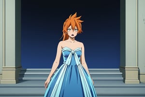 score_9, score_8_up, score_7_up, score_6_up, score_5_up, score_4_up, BREAK, , 1girl, Kendo, orange hair, green eyes, pageant dress, blue dress, strapless, standing, 