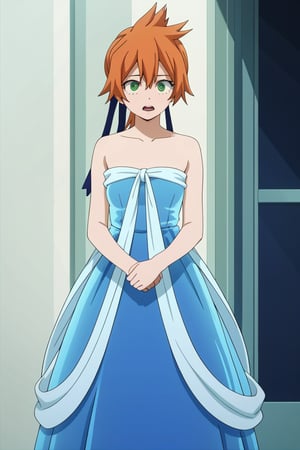 score_9, score_8_up, score_7_up, score_6_up, score_5_up, score_4_up, BREAK, , 1girl, Kendo, orange hair, green eyes, pageant dress, blue dress, strapless, standing, 