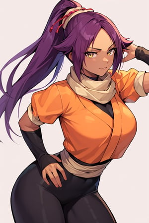 score_9,score_8_up,score_7_up,score_6_up,score_5_up,score_4_up, 

ShihouinYoruichi, dark-skinned female

Default Outfit (orange one):

YoruichiDefault, dark-skinned female, dark-skinned female, long hair, high ponytail, hair tie, scarf, orange shirt, arm warmers, sash, black bodysuit