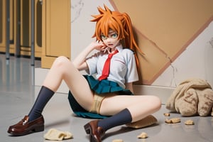 score_9, score_8_up, score_7_up, score_6_up, score_5_up, score_4_up, BREAK, , 1girl, Kendo, orange hair, green eyes, u.a. school uniform, white shirt, red necktie, kneehighs, brown footwear, sitting, legs spread